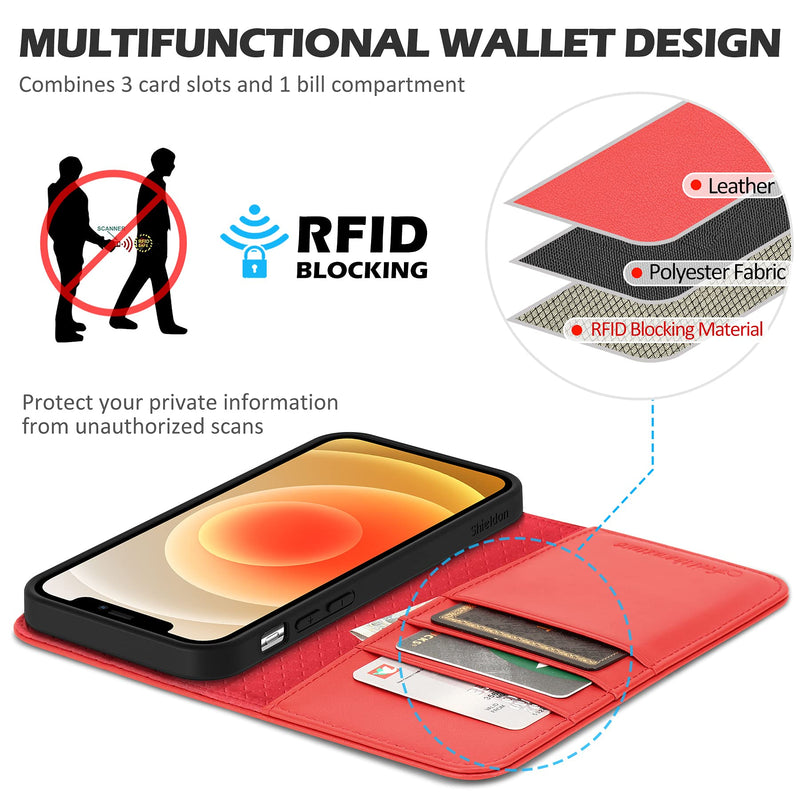 [AUSTRALIA] - SHIELDON Case for iPhone 13, Genuine Leather iPhone 13 Folio Wallet Magnetic Shock Absorbing Case RFID Blocking Credit Card Holder Kickstand Compatible with iPhone 13 5G (6.1-inch) - Red 