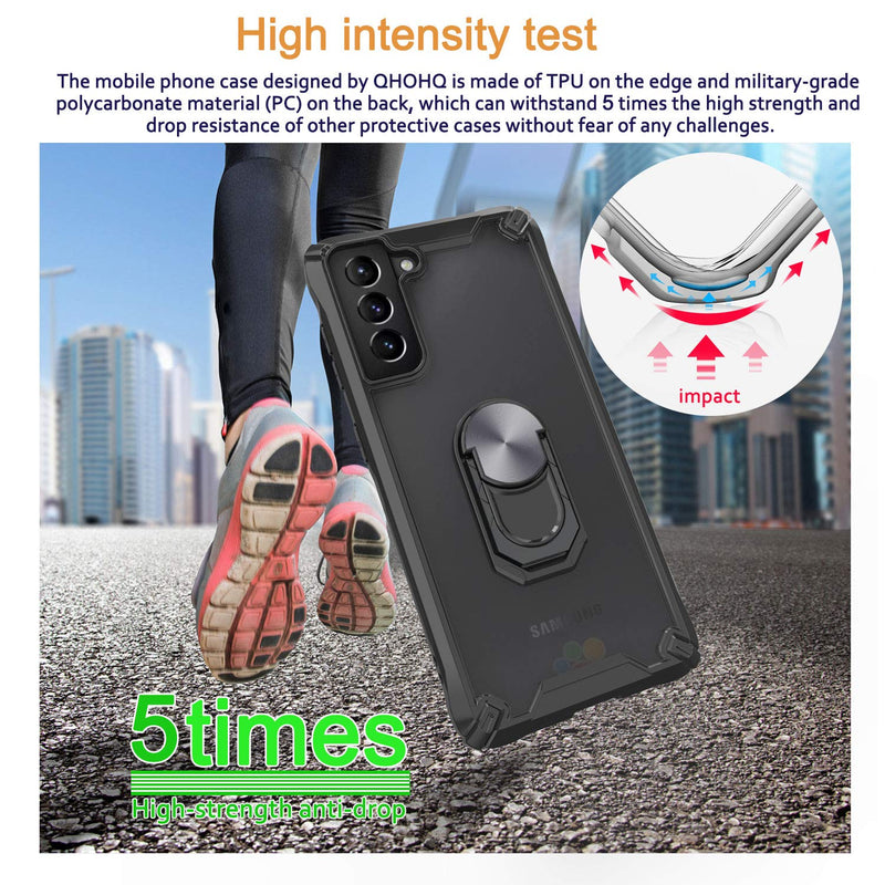 QHOHQ Case for Samsung Galaxy S21 Plus 5G 6.7" with 2 Pack Tempered Glass Screen Protector,[360° Rotating Stand] [5X Military Grade Anti-Fall Protection],Transparent Hard PC Back, Soft TPU Edge-Black PC+TPU-2pcs
