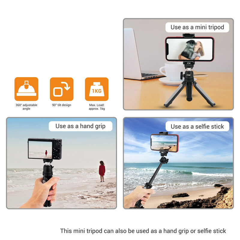 KIWIFOTOS Mini Tripod Stand + Cell Phone Clip, Selfie Stick Handle Grip for Sony ZV-E10 ZV-1 ZV1 RX100VII RX100VA A6400 A6600 Compact Cameras Vlogging iPhone Samsung Webcam Samrt Phone Accessories Mini Tripod + Phone Clip