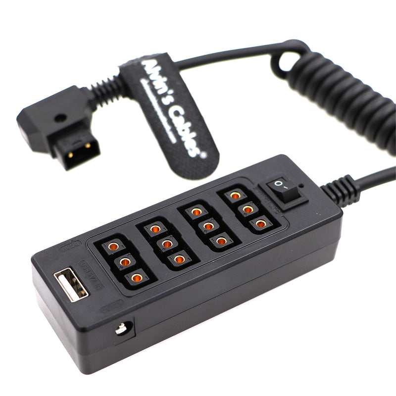 [AUSTRALIA] - Alvin's Cables D-tap Splitter Cable with Power Switch Male DTap to 4 Female D Tap 2 DC USB for V-Mount Battery for ARRI/RED Camera LCD Monitor LED Video Light Bidirectional Pluggable 1 to 4 Coiled Cable Multifunctional 