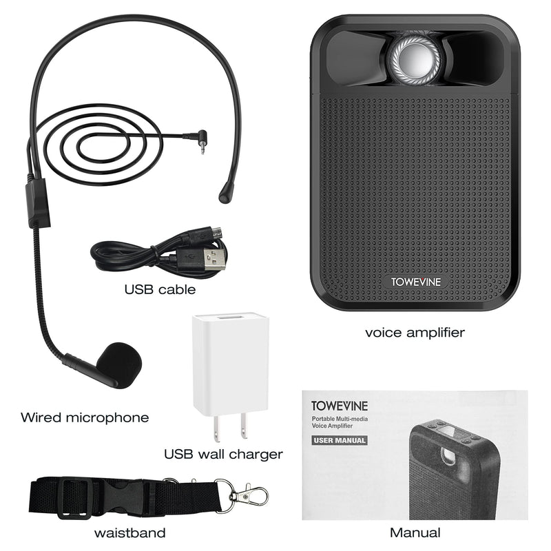 Portable Voice Amplifier, Towevine Rechargeable Microphone for Teachers, Speaker with Headset and Waistband for Classroom, Singing, Coach, Training, Presentation, Tour Guide Black