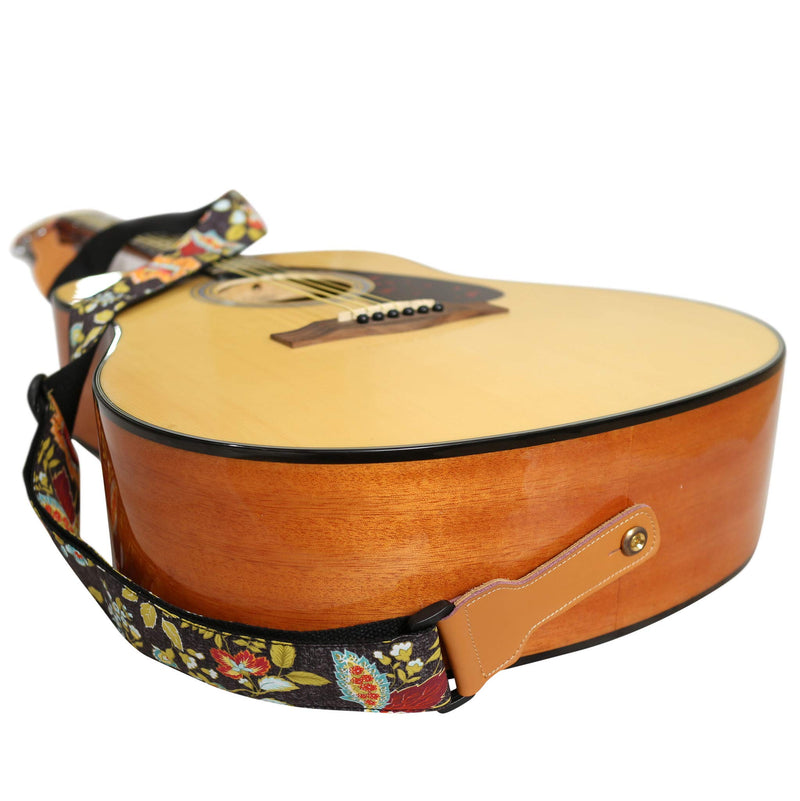 [AUSTRALIA] - MUSIC FIRST Original Design, 2 inch width (5cm), Vintage French Country Style “Floral” Soft Cotton & Genuine Leather Delux Guitar Strap, Ukulele Strap, Mandolin Strap 