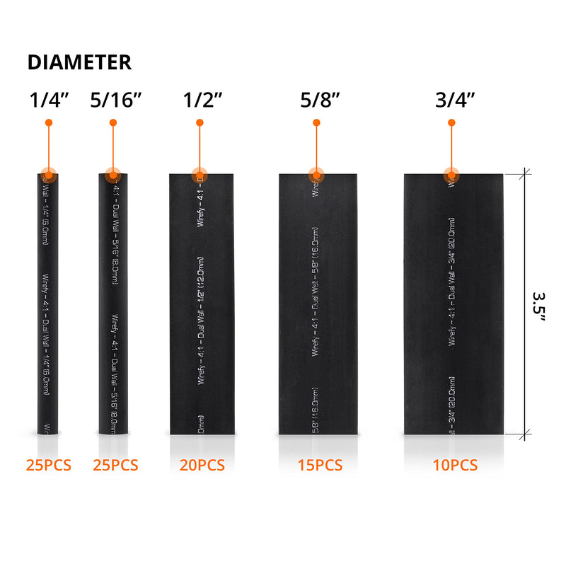 Wirefy 95 PCS Heat Shrink Tubing Kit - 4:1 Dual Wall Tube - Adhesive Lined - Marine Shrink Tubing - Black Length: 3.5" - Black - 95 PCS