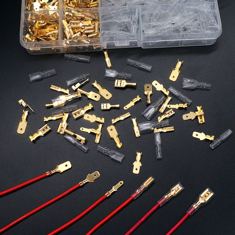 Twidec/360Pcs 2.8/4.8/6.3mm Quick Splice Male and Female Wire Spade Connector Crimp Terminal Block Assortment Kit Golden with Insulating Sleeve for Electrical Wiring Car Audio Speaker N-002 360PCS