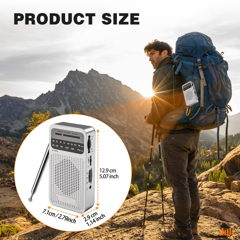 Portable Radio AM FM, Goodes Transistor Radio with Loud Speaker, Headphone Jack, 2AA Battery Operated Radio for Long Range Reception, Pocket Radio for Indoor, Outdoor and Emergency Use - Silver New-Silver