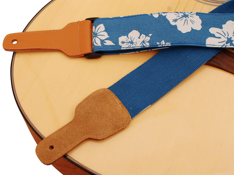 MUSIC FIRST Original Design, 2 inch width (5cm), Hawaii Style “Blue and White Plumeria” Soft Cotton & Genuine Leather Delux Guitar Strap, Ukulele Strap, Mandolin Strap, Salute ELVIS