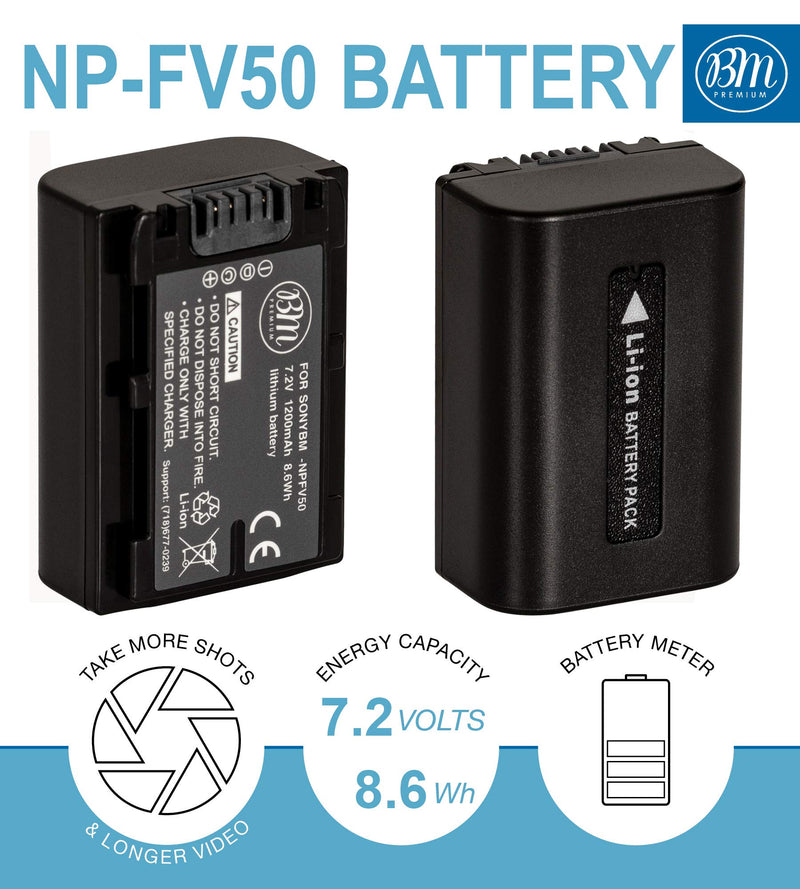 BM Premium Pack of 2 NP-FV50 Batteries and Battery Charger for Sony FDR-AX53, HDR-CX675/B, HDR-CX455/B, HDR-CX330, HDR-CX380, HDR-CX430V, HDR-CX900, TD30V, HDR-CX260V, HDR-CX580V, HDR-CX760V, HDR-PJ200, HDR-PJ230, HDR-PJ340, HDR-PJ380, HDR-PJ430V, HDR-...