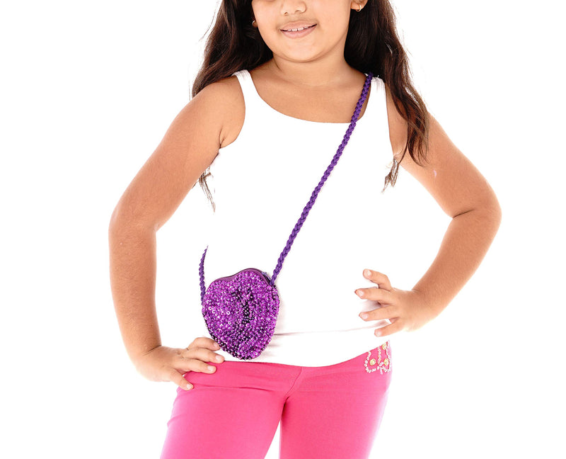 Shu-Shi Girls Toddler Sequin Purse Heart Shaped Small Bag Crossbody Long Strap One Size Purple