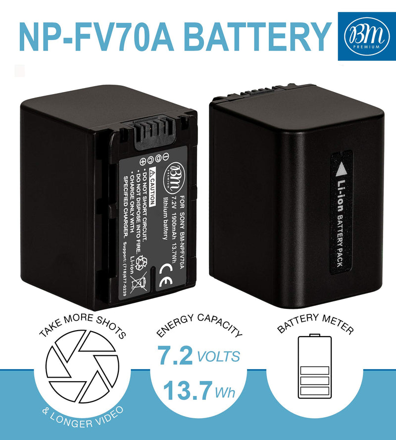 BM Premium 2 NP-FV70A Batteries and Charger for Sony FDR-AX30, FDR-AX33, FDR-AX53, FDR-AX700, FDR-AX100, FDR-AXP35 HXR-MC50, HXR-MC88, HX-RNX80, PXW-Z90V, NEX-VG10, VG20, NEX-VG30, NEX-VG900 Cacmorder