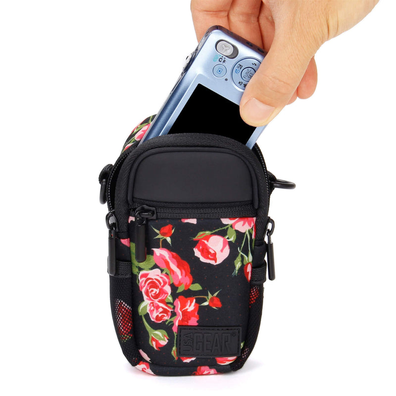 USA GEAR Compact Camera Case Point and Shoot Camera Bag with Accessory Pockets, Rain Cover and Shoulder Strap - Compatible with Sony CyberShot, Canon PowerShot ELPH, Nikon COOLPIX and More (Floral) Floral and Black