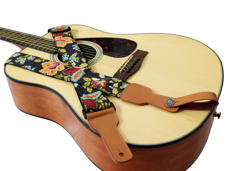 [AUSTRALIA] - MUSIC FIRST Original Design, 2 inch width (5cm), Vintage French Country Style “Floral” Soft Cotton & Genuine Leather Delux Guitar Strap, Ukulele Strap, Mandolin Strap 