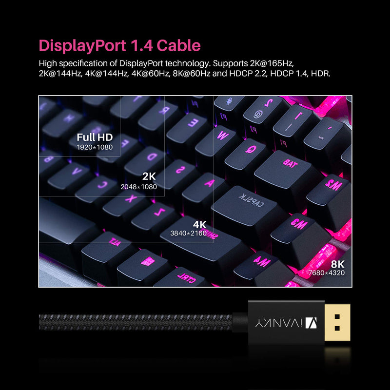 [AUSTRALIA] - DisplayPort Cable 1.4, iVANKY 8K DP Cable 6.6ft [8K@60Hz, 4K@144Hz, 1080P@240Hz], Support HBR3, 32.4Gbps, HDCP 2.2, HDR, Compatible for Gaming Monitor, TV, PC, Laptop and More 6.6 Feet 