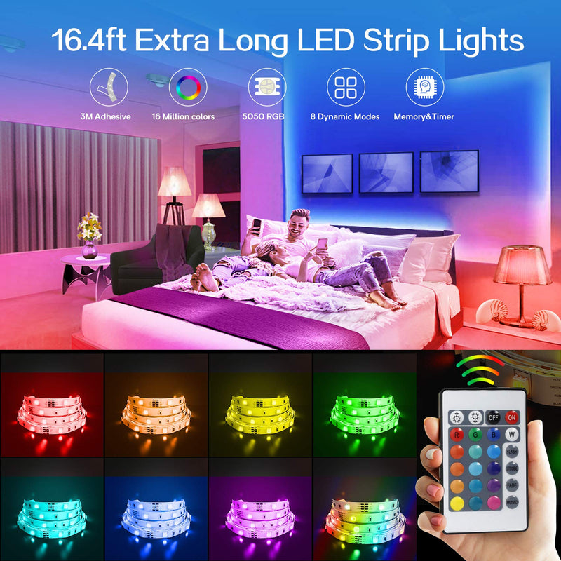 ROMALL Smart LED Strip Lights,16.4ft RGB LED Lights with App Control, 16 Million Colors WiFi Light Strips for Bedroom,Kitchen,Dorm Room, Bar, Work with Alexa and Google Assistant 16.4ft