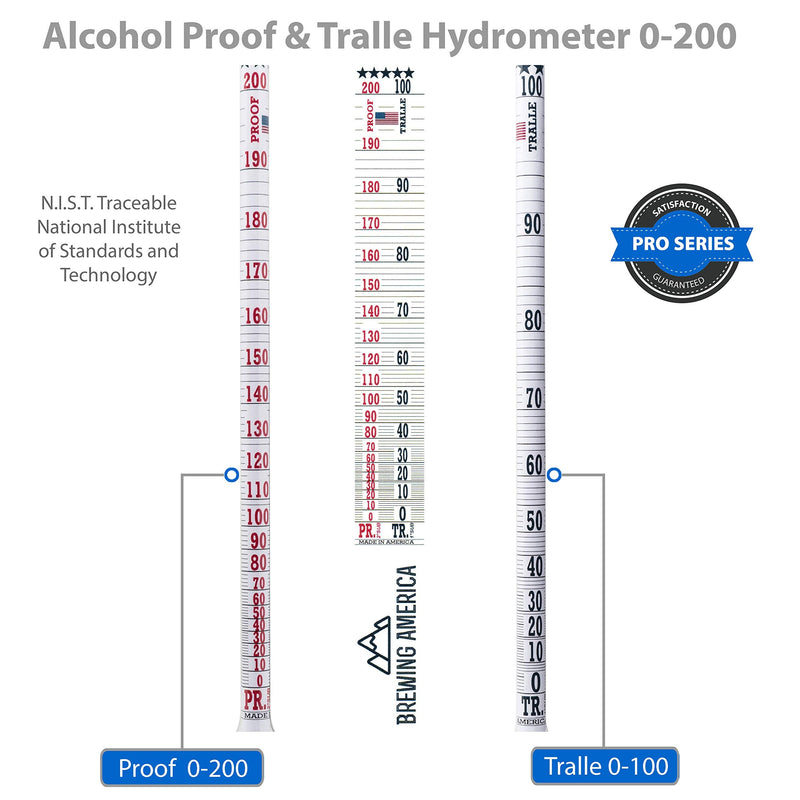 American-Made Alcohol Hydrometer Tester 0-200 Proof & Tralle Pro Series Traceable - Distilling Moonshine Alcoholmeter for Proofing Distilled Spirits