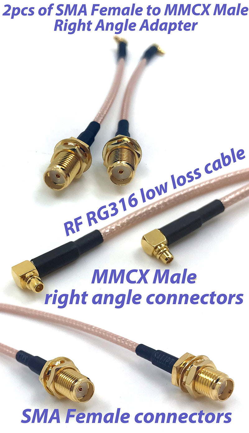 Pack of 2 RF RG316 Pigtail SMA Female Antenna Connector to MMCX Male Coaxial Cable Adapter Right Angle (4 inch (10 cm)) 4 inch (10 cm)