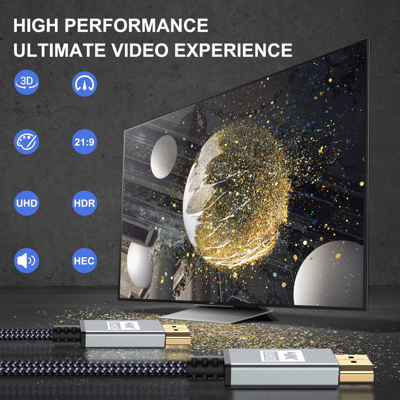 4K HDMI Cable 50ft,Sweguard HDMI 2.0 Cable High Speed 18Gbps Gold Plated Nylon Braid HDMI Cord Supports 4K@60Hz,2K@144Hz,3D,HDR,UHD 2160P,1440P,1080P,HDCP 2.2,ARC for Apple TV,Fire TV,PS4,PS3,PC-Grey grey