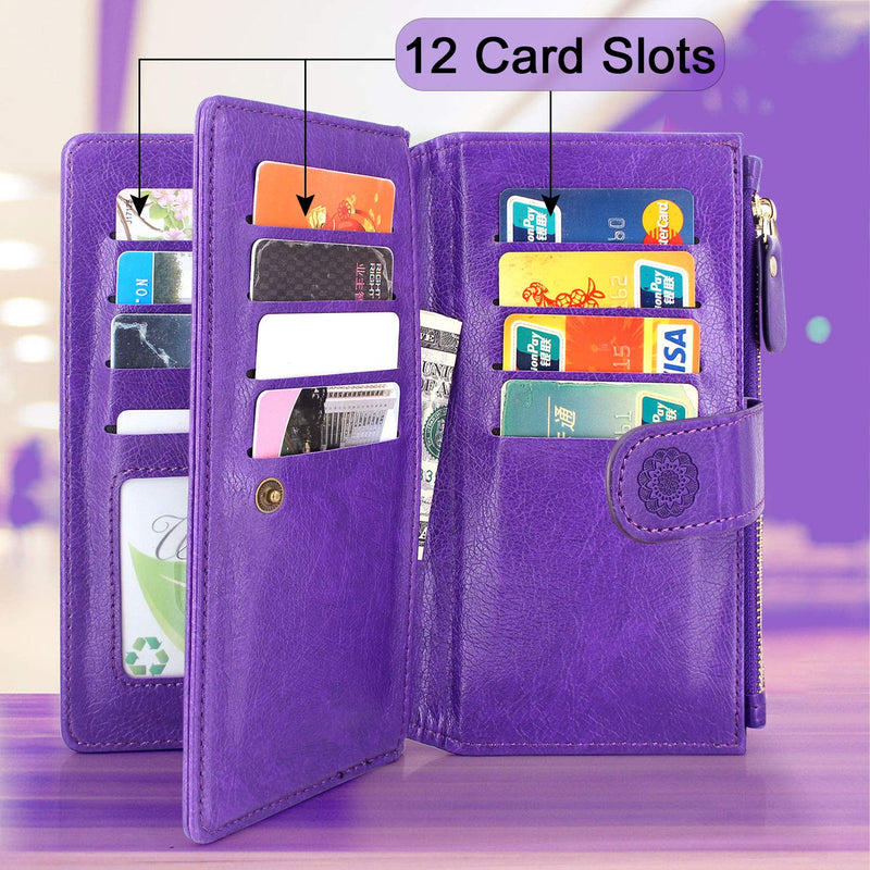 [AUSTRALIA] - Harryshell Detachable Magnetic Zipper Wallet Leather Case Cash Pocket with 12 Card Slots Holder Wrist Strap for Samsung Galaxy S21+ S21 Plus 5G 6.7 Inch (2021) G996U Floral Flower (Purple) Purple 