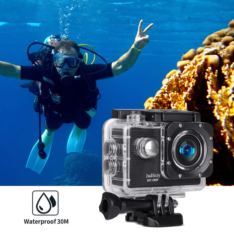 Jadfezy Action Camera FHD 1080P 12MP, 98FT/30M Underwater Waterproof Camera with 2 Batteries, Wide Angle Sports Camera with Accessories Kit Suitable for Helmet, Bicycle, etc. (FHD 1080P)