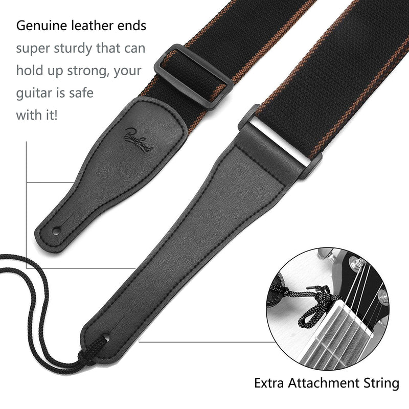 Guitar Strap for Acoustic, Electric and Bass Guitars - Soft Cotton & Genuine Leather Ends Guitar Shoulder Strap with 2 Strap Lock and Leather Button (Black) Black