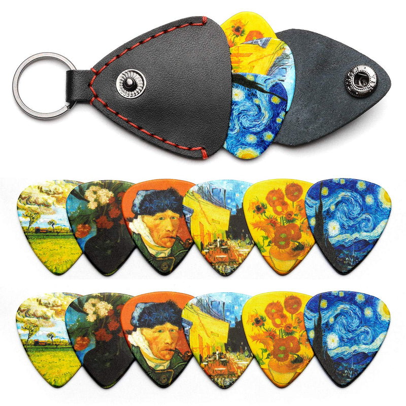 Van Gogh 12 Pack Guitar Picks with 100% Leather Picks Holder - Celluloid Medium Plectrums Unique Gifts For Guitarist 12 Pack Van Gogh