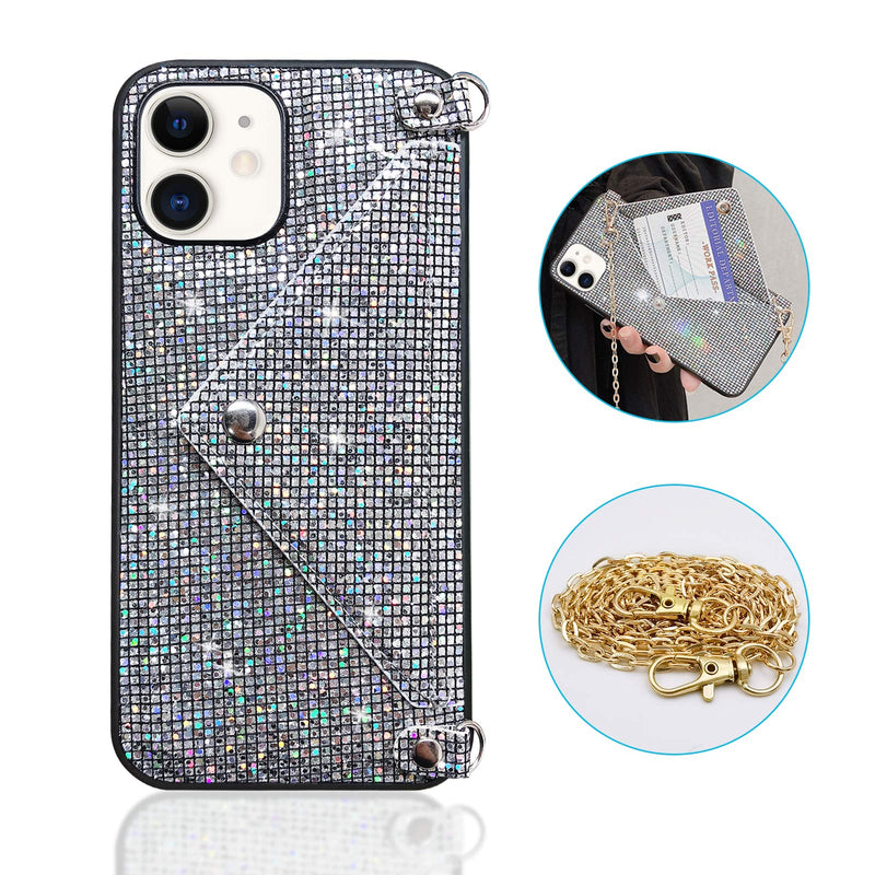 Omorro for iPhone 12 Pro Bling Case for Women, Glitter Diamond Sequins Case Small Credit Card Cash Holder Wallet Case with Shiny Crossbody Chain Hard PC Back Protective Girly Stand Case Black