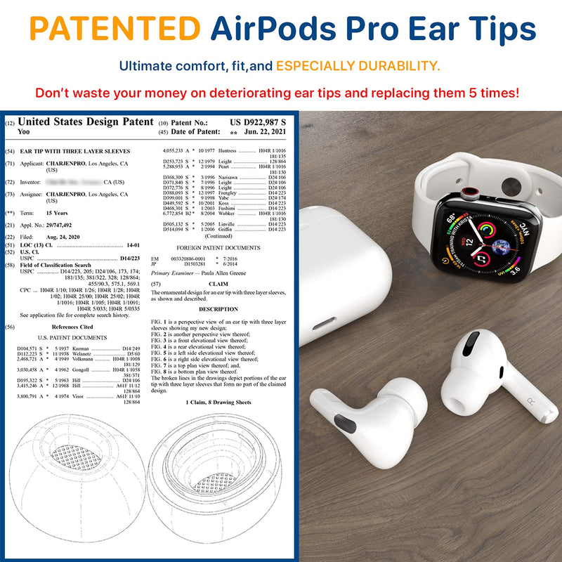 CharJenPro Patented Design Memory Foam Ear Tips for AirPods Pro w/Silicone Shield. AirFoams Pro Active 2.0 Lasts 5X Longer. Replacement Tip. As seen on Kickstarter. (S/M/L, 3 Pairs, White) 3 Pairs: Small, Medium, Large
