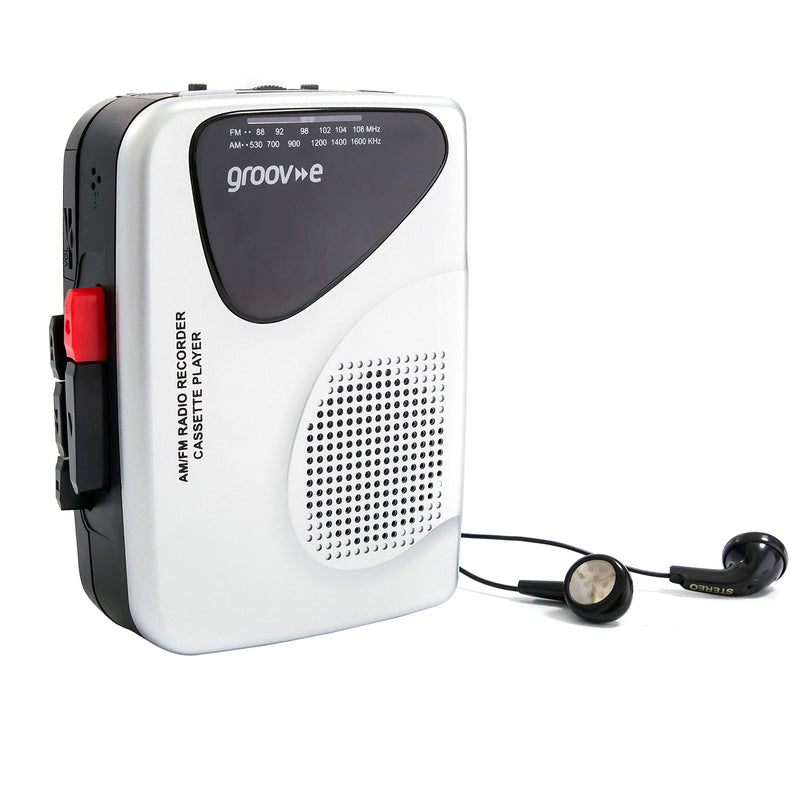 Groov-e GVPS525SR Portable Retro Personal Cassette Player and Recorder with Built-In Speaker & Microphone, AM/FM Radio, 3.5mm Headphone Jack and Earphones Included - Black/Silver