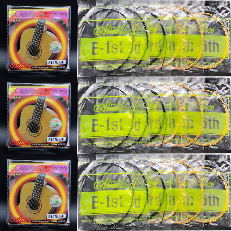 3 Sets Alice A107BK-H Black Nylon Gold Plated Coated Copper Alloy Winding Classical Guitar Strings Hard Tension (.0285 .0325 .041 .030 .036 .044)