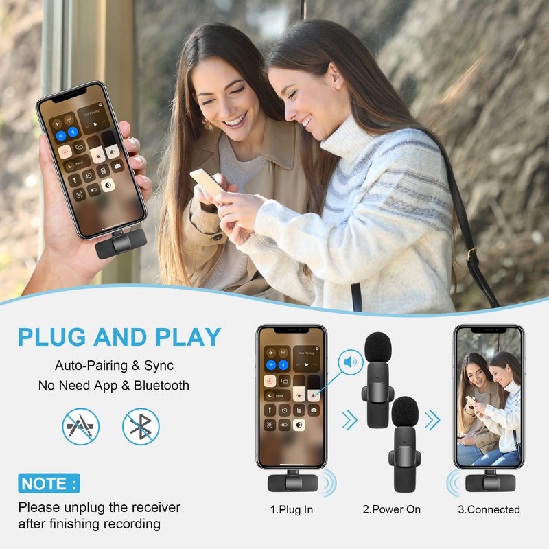 [AUSTRALIA] - Wireless Microphone for iPhone iPad, Plug-Play Wireless Lavalier Mic with 2 Microphone for Phone Video Recording, Interview, Vlog, Auto Sync and Noise Reduction 