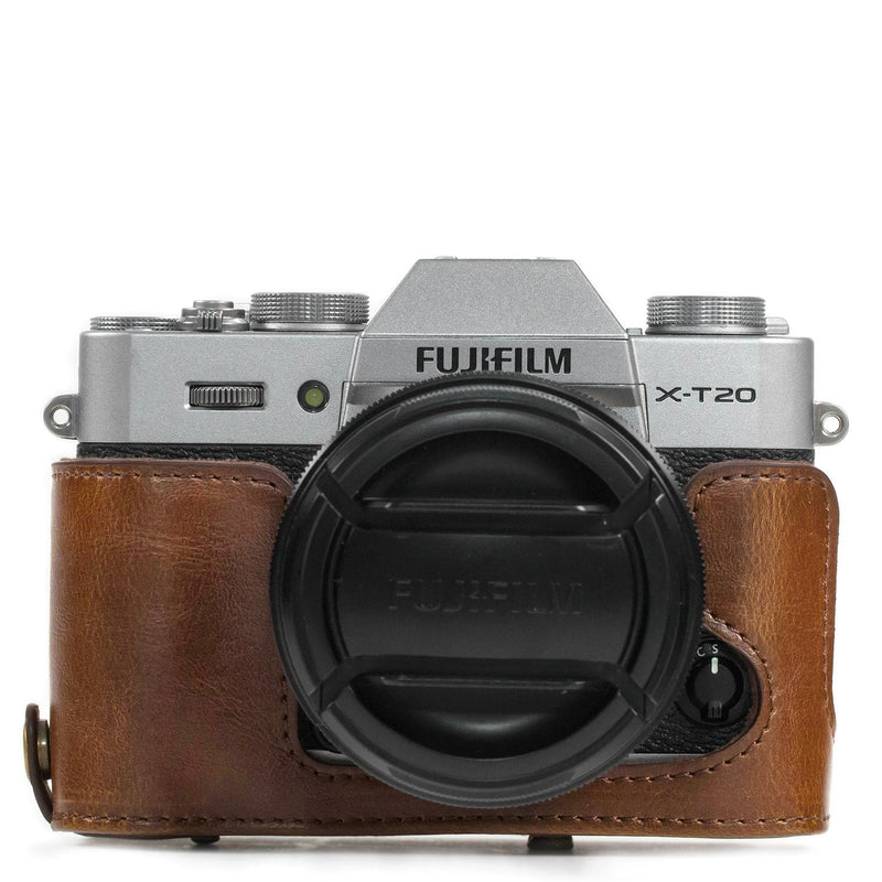 MegaGear Ever Ready Leather Camera Case and Strap Compatible with Fujifilm X-T30, X-T20, X-T10 (16-50mm / 18-55mm Lenses) Dark Brown