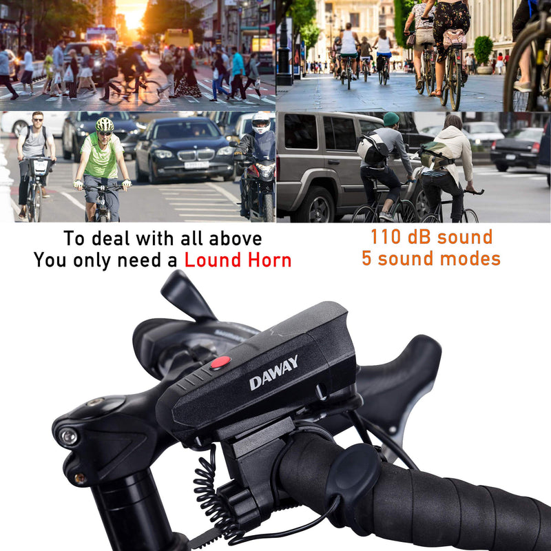 DAWAY A14 Loud Electric Bike Horn - 5 Modes Sound 110 DB Bicycle Cycling Handlebar Ring Alarm Bells with Free Screwdriver, Practical Gift for Kids Adults
