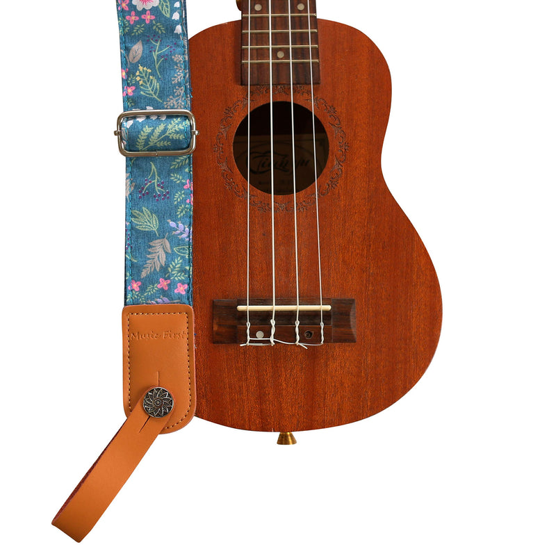 [AUSTRALIA] - MUSIC FIRST Original Design Vintage “Dawn Fog Garden” Soft Cotton & Genuine Leather Ukulele Strap Ukulele Shoulder Strap With a MUSIC FIRST Genuine Leather Strap Locker 