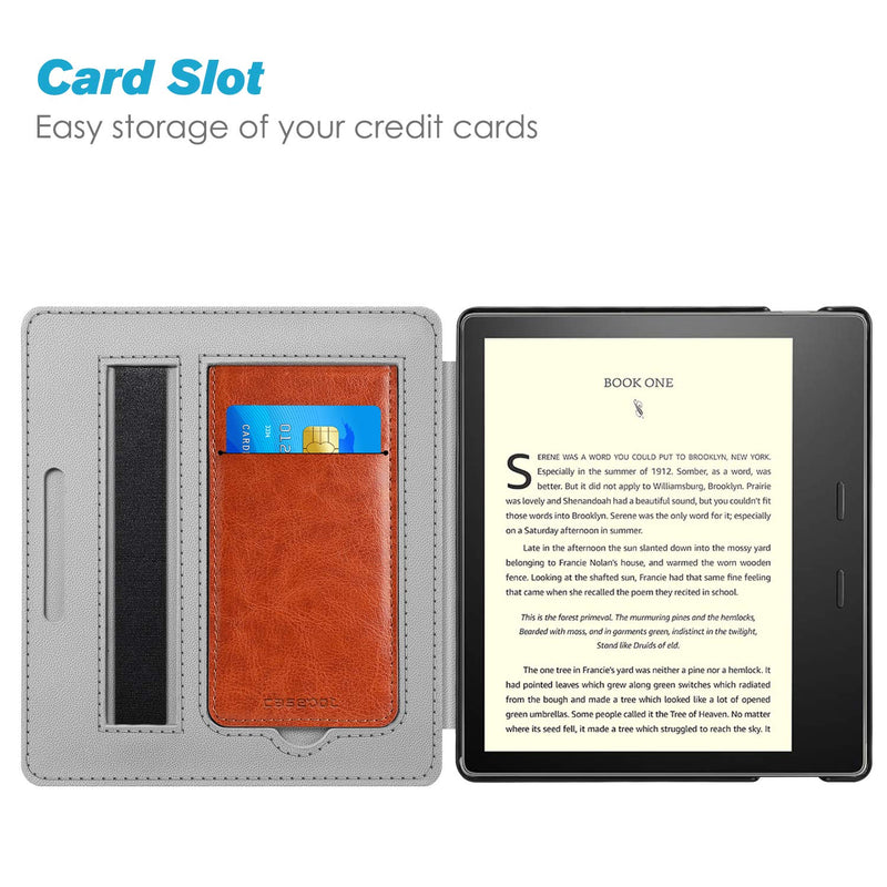 CaseBot Stand Case for All-New Kindle Oasis (10th Generation, 2019 Release and 9th Generation, 2017 Release) - Premium PU Leather Sleeve Cover with Card Slot and Hand Strap, Vintage Brown