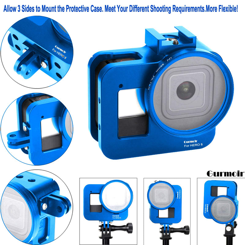 Gurmoir Case Aluminum Alloy Back Door Housing Frame for Gopro Hero 8 Black Action Camera, Wire Connectable Protective Metal Side Open Cage with 52mm UV Filter for Go pro Hero8 (Blue) Aluminum Case for GoPro Hero 8 Black Blue