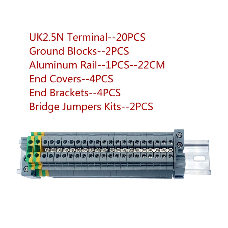 Cermant UK-2.5N Rail Terminal Blocks Kit,20PCS Grey Connector,20PCS Colour Connector,1Pcs 8.6" Aluminum Rail,2Pcs Fixed Bridge Jumpers,4Pcs Baffle,2Pcs Shorting Strip