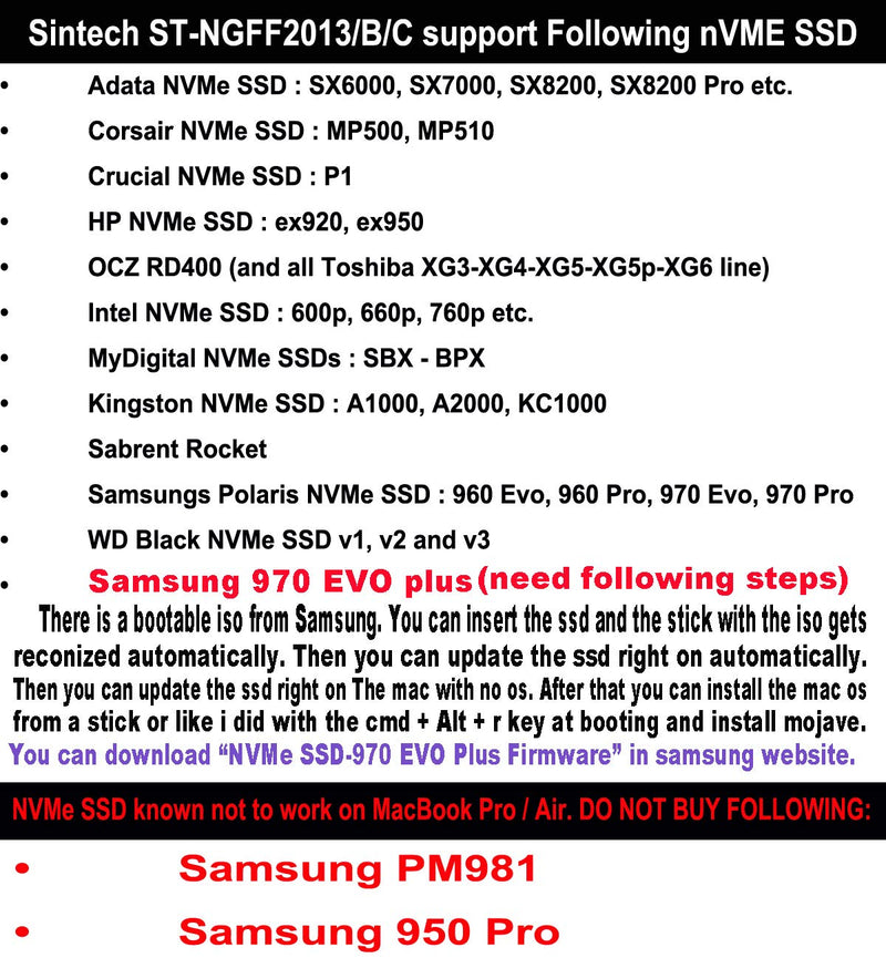 Sintech NGFF M.2 nVME SSD Adapter Card for Upgrade MacBook Air(2013-2016 Year) and MacBook PRO(Late 2013-2015 Year) (Black)