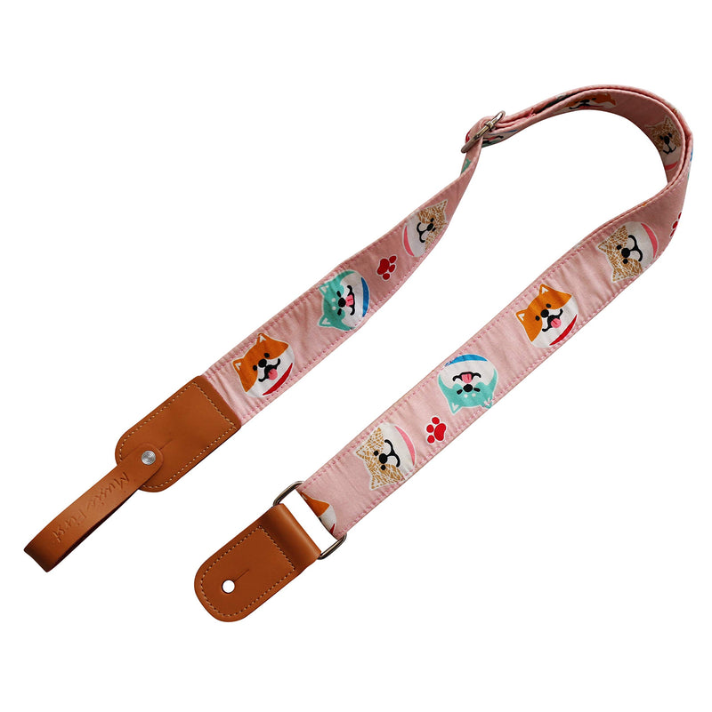 MUSIC FIRST Original Design “Pink Shiba Inu Dog” Soft Cotton & Genuine Leather Ukulele Strap Ukulele Shoulder Strap With a MUSIC FIRST Genuine Leather Strap Locker