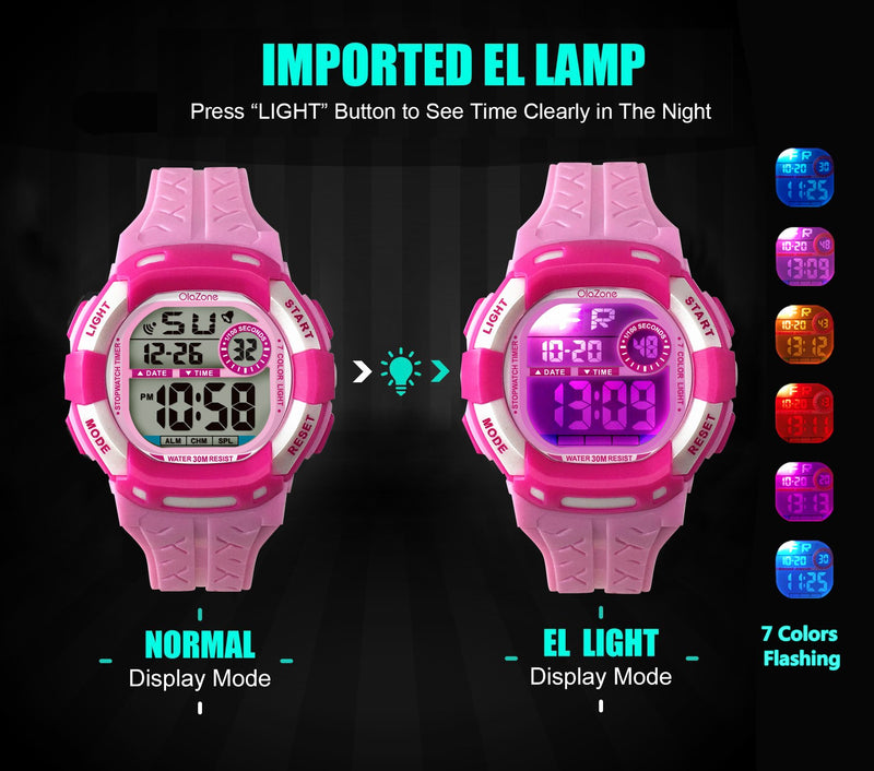 Girls Watch Kids Digital 7-Color Flashing Light Water Resistant 100FT Alarm Gifts for Girls Age 8-12 485 (Pink)