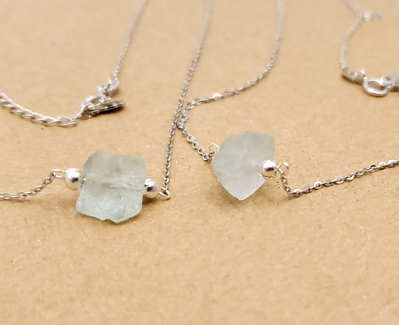 Natural raw aquamarine chain pendant necklace, with 925 sterling silver 18 inches chain march birthstone dainty necklace, uniquelan jewelry