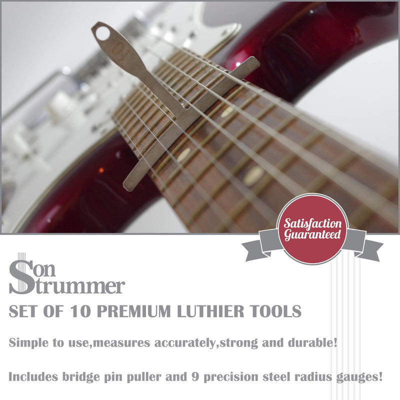 Son Strummer Set of 13 Premium Luthier Tools - Tool kit includes 9 Understring Radius Gauge, 1 Pin Puller, 1 String Action Gauge Ruler, 2 Fingerboard Fret Protector Guards for Guitar Bass Setup