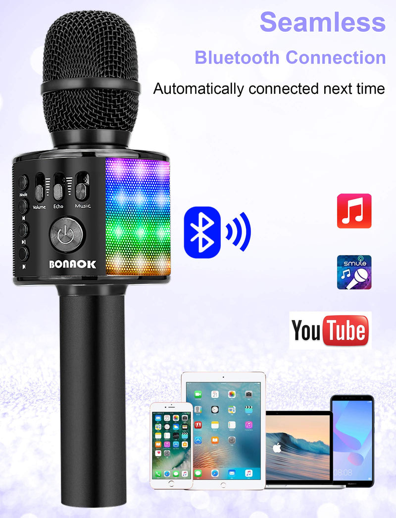 BONAOK Wireless Bluetooth Karaoke Microphone, 4 in 1 Portable Rechargeable Sing Mic Speaker Kids Adults Q37L Black