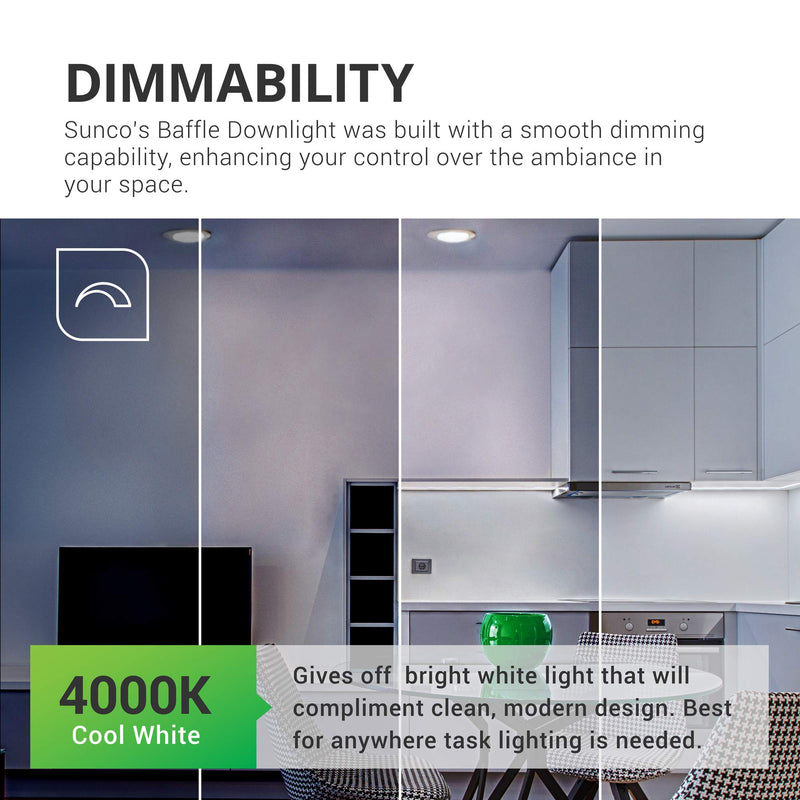 Sunco Lighting 4 Inch LED Recessed Downlight, Baffle Trim, Dimmable, 11W=60W, 4000K Cool White, 660 LM, Damp Rated, Simple Retrofit Installation - UL + Energy Star