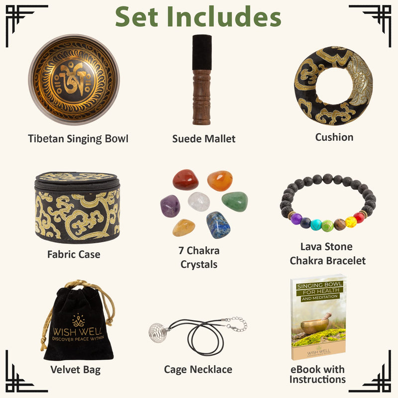 Tibetan Singing Bowl Set ~ 7 Chakra Stones and Lava Stone Chakra Bracelet ~ Easy to Play with Fabric Case, Cushion, Mallet ~ Handcrafted in Nepal for Meditation, Yoga, Spiritual Healing, & Mindfulness Black/ Healing Crystals Set