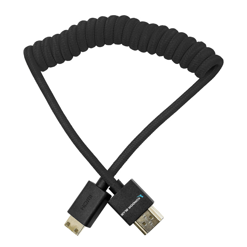 KONDOR BLUE Mini HDMI Thin Short Coiled Nylon Braided Cable for On-Camera Film Cinema Monitors | 2.0 High Speed 4K 3D HDR | | 3840 x 2160-30Hz | 18Gbps MetaData | 12-24" | Black Coiled Braided | Mini HDMI