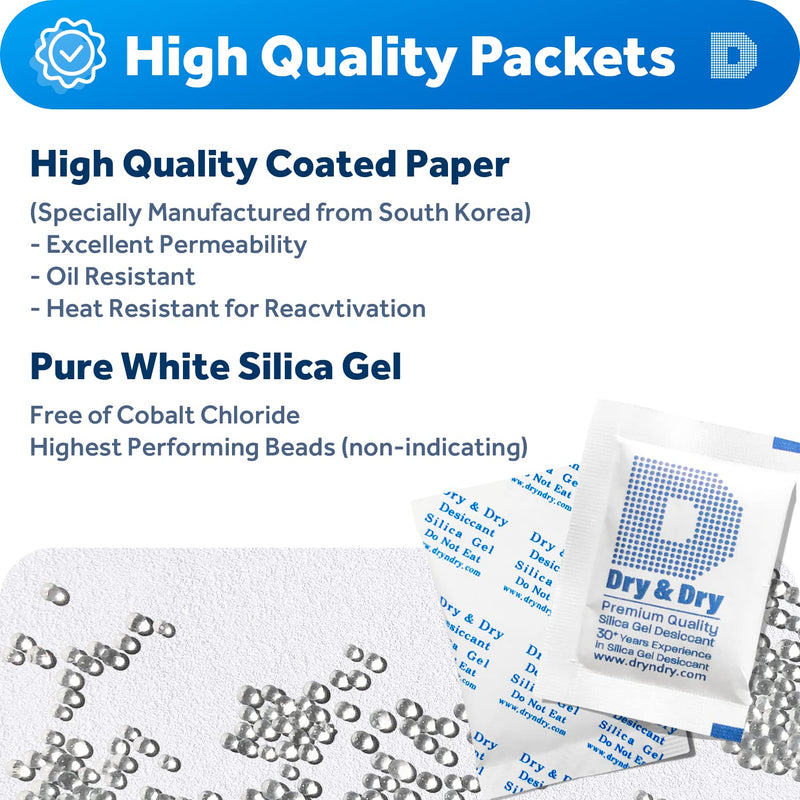 Dry & Dry 5 Gram [50 Packets] Premium Pure and Safe Silica Gel Packets Desiccant Dehumidifiers, Silica Gel Packs - Rechargeable (Food Safe) Moisture Absorbers, Desiccant Packets 50 Pack