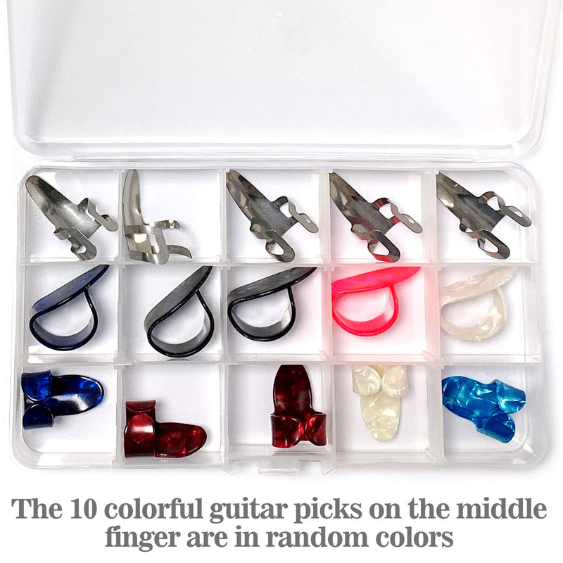 Guitar Finger Picks with Transparent Box, Stainless Steel Thumb Picks Middle Finger Picks, Adjustable Plectrum Thumb Middle Finger for Acoustic Guitar, Banjo, Bass, Ukulele,15 Pcs