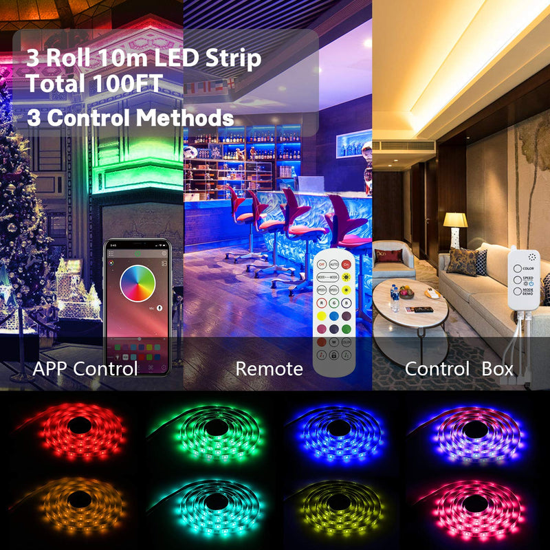 12V RGB Led Strip Lights for Bedroom,100Ft Color Changing Rope Lights with Remote,Smart Led Light Strip Music Sync Bluetooth 100Ft