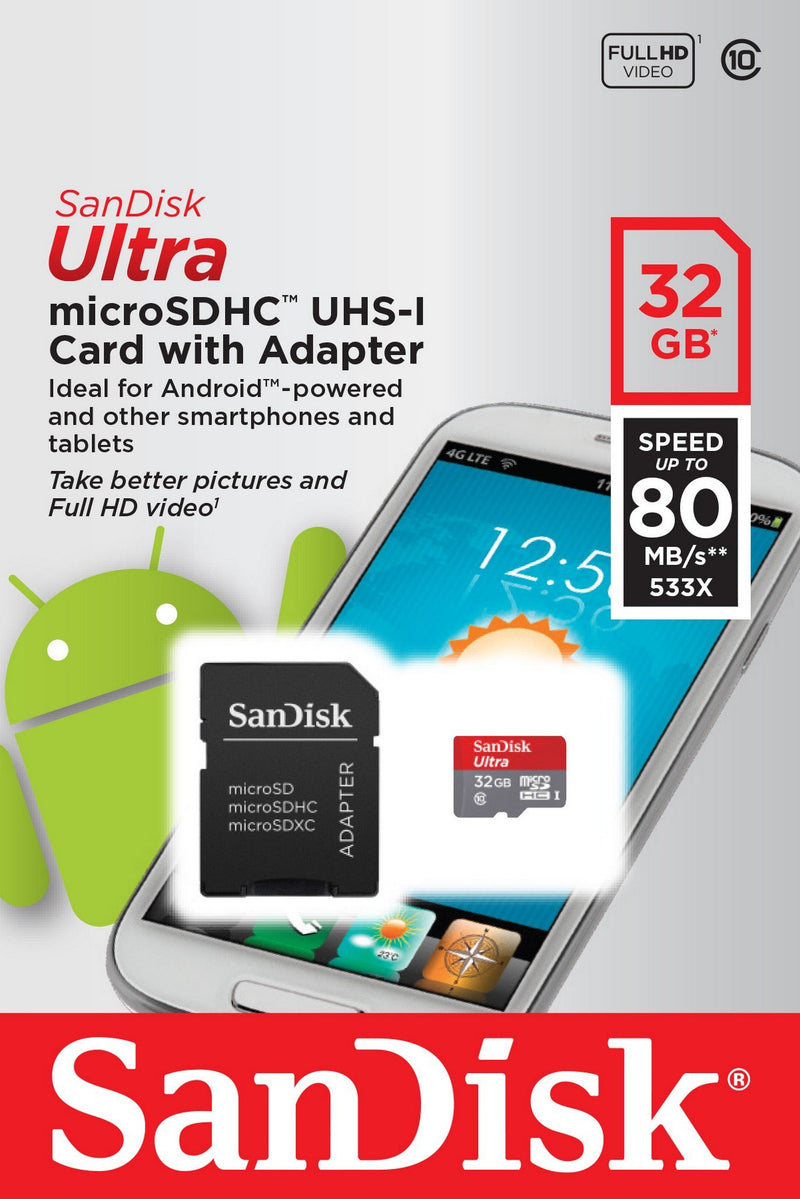 SanDisk Ultra 32GB microSDHC UHS-I Card with Adapter, Silver, Standard Packaging (SDSQUNC-032G-GN6MA)