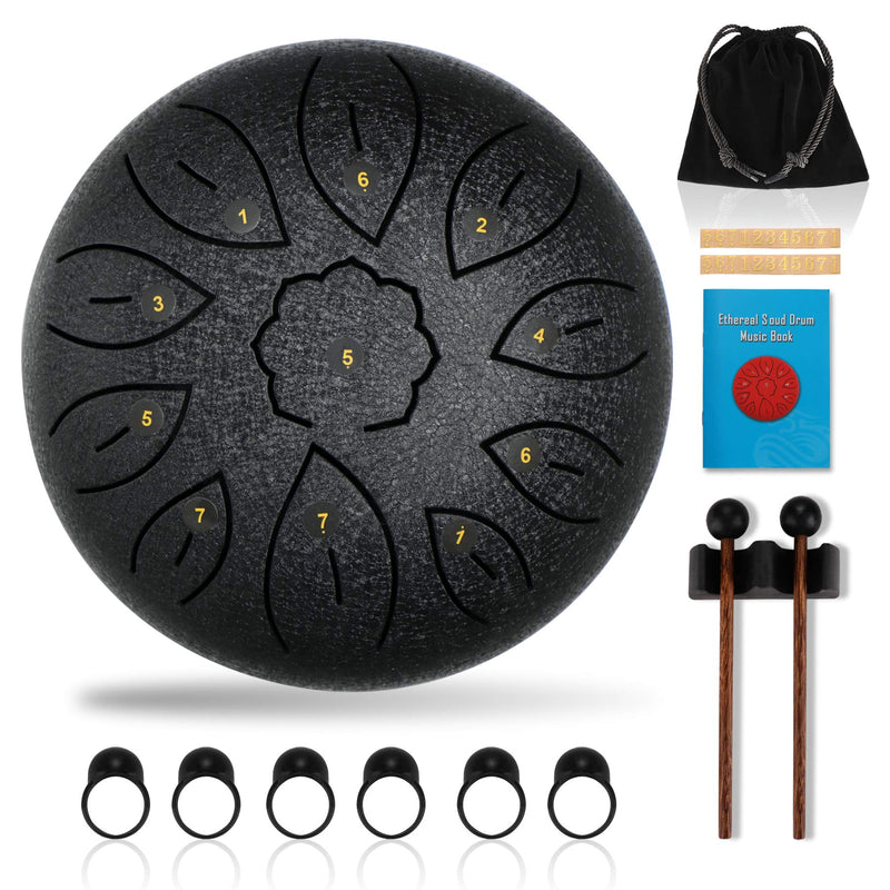 Steel Tongue Drum, C-Key Percussion Instrument 11 Notes 6 Inches Panda Drum Lotus Tank Drum Kit Zen Drum for Playing, Entertainment, Decompression, Music Therapy, Meditation Gift for Adult/Kid (Black)