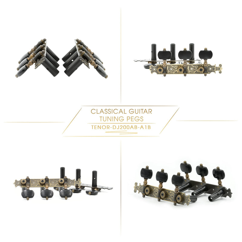 DJ200AB-A1B TENOR Classical Guitar Tuners Professional Tuning Key Pegs/Machine Heads for Classical or Flamenco Guitar with Antique Brass Finish and Ebony Colored Buttons. TENOR 200 TENOR-DJ200AB-A1B